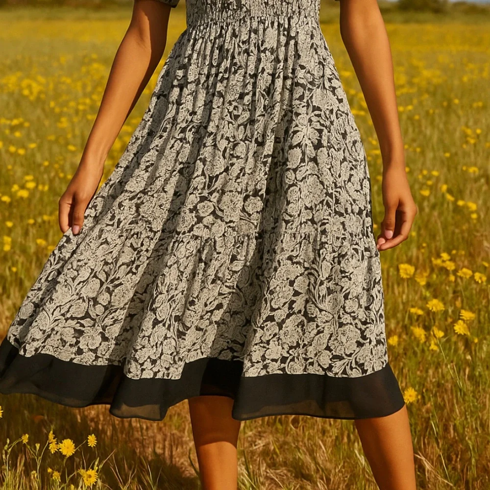 👗🌟Anthropologie Square Neck Smocked Midi Dress Boho Floral Black White XS 0 2 - Picture 8 of 12
